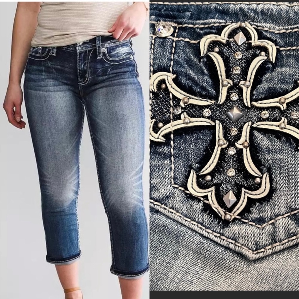 Miss Me Signature Cuffed Capri Cross embellishment